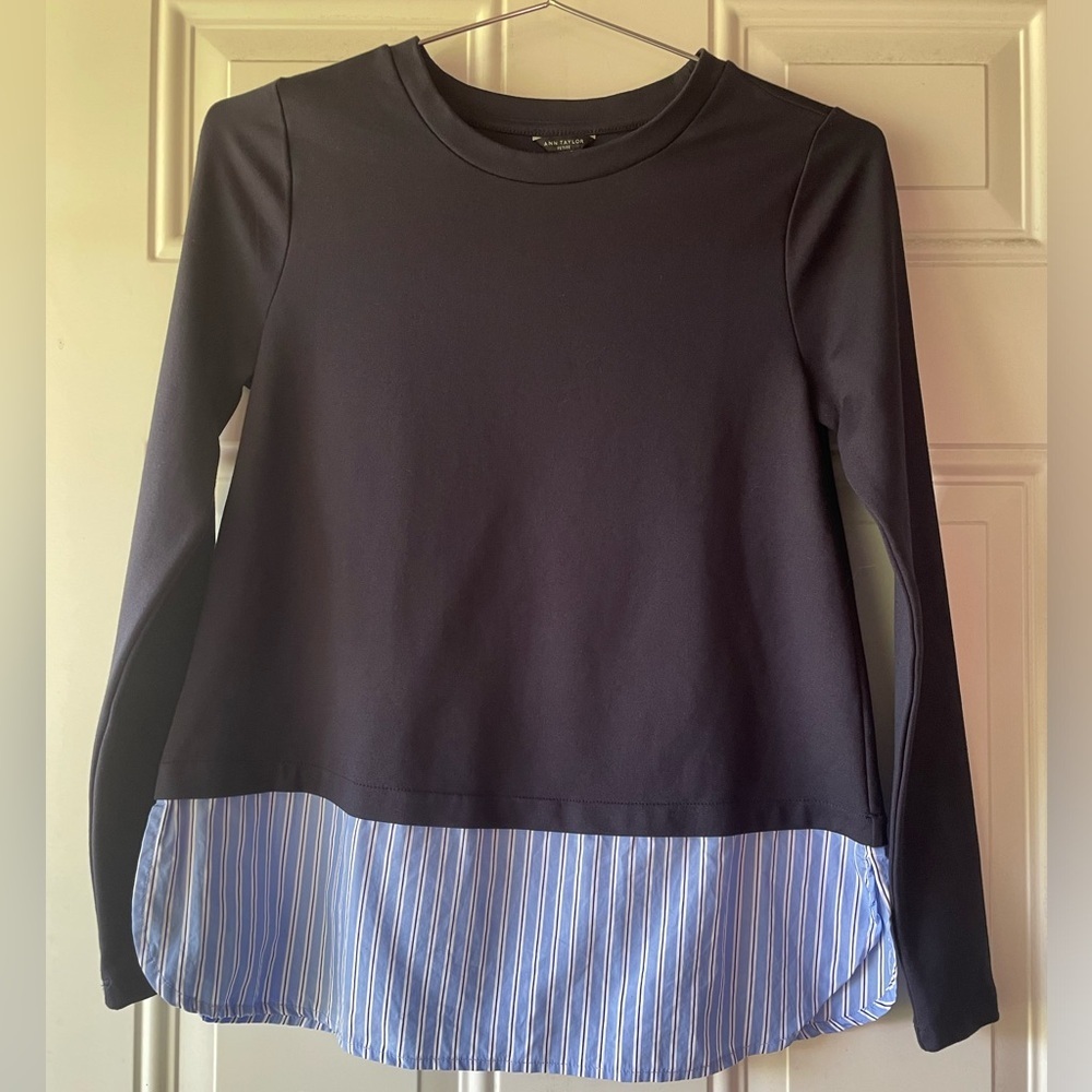 🔥🔥5/$25! Ann Taylor Blue Ponte and Striped Woven Long Sleeve Top